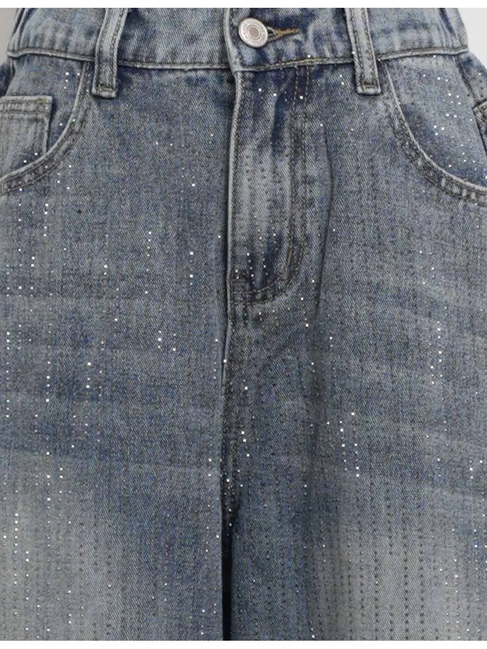 Allover Rhinestone Button Fly Wide Leg Denim Pants