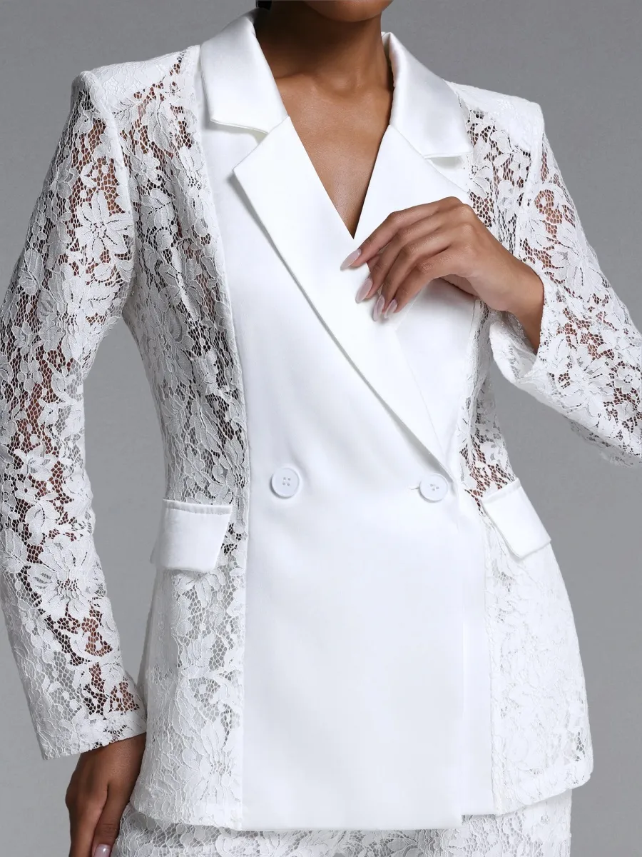 Elara  Lace Satin-Trimmed Blazer & Wide-Leg Pant Suit