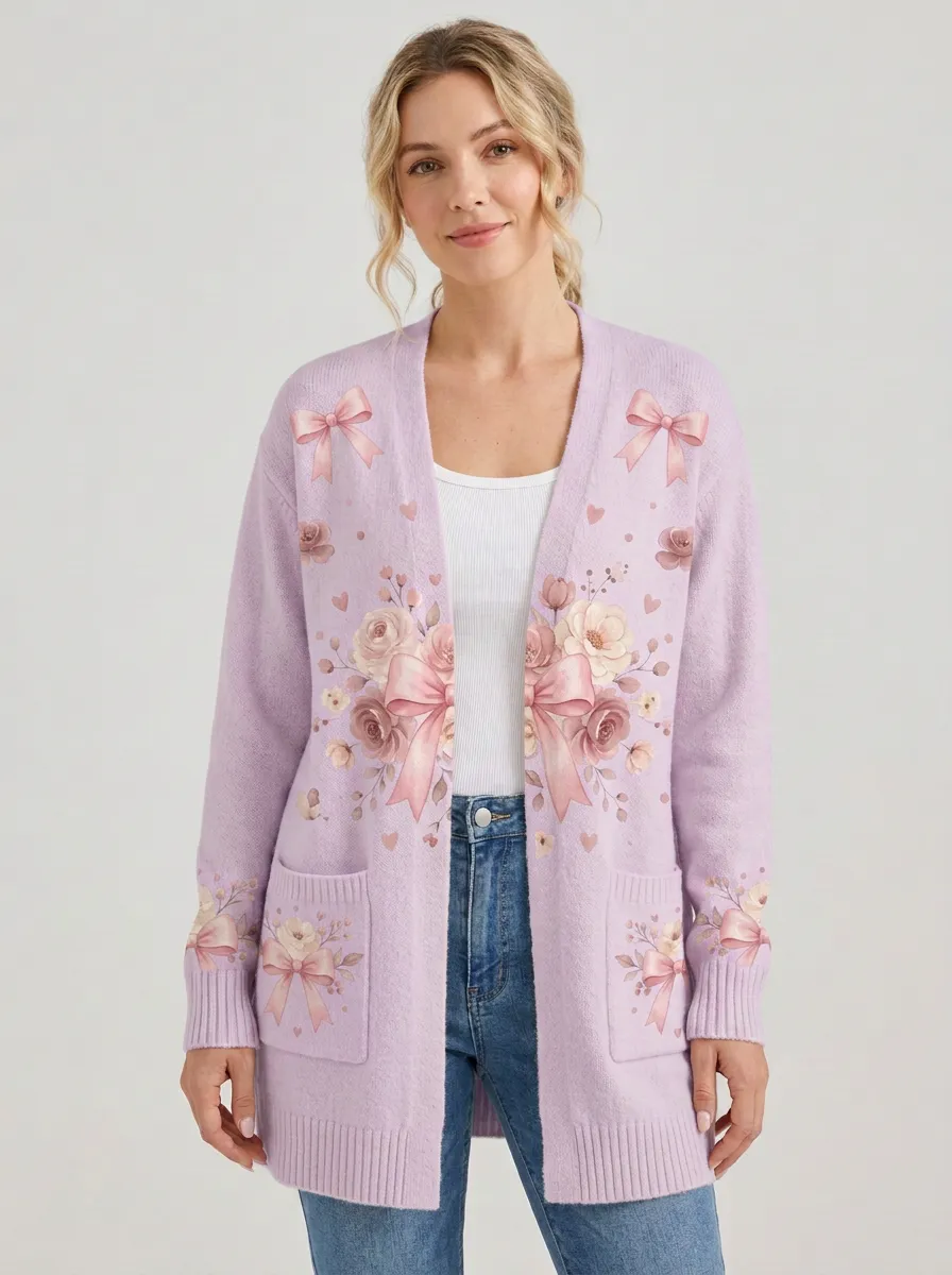 Women's Breast Cancer Awareness Pink Ribbon Floral Printed Cardigan