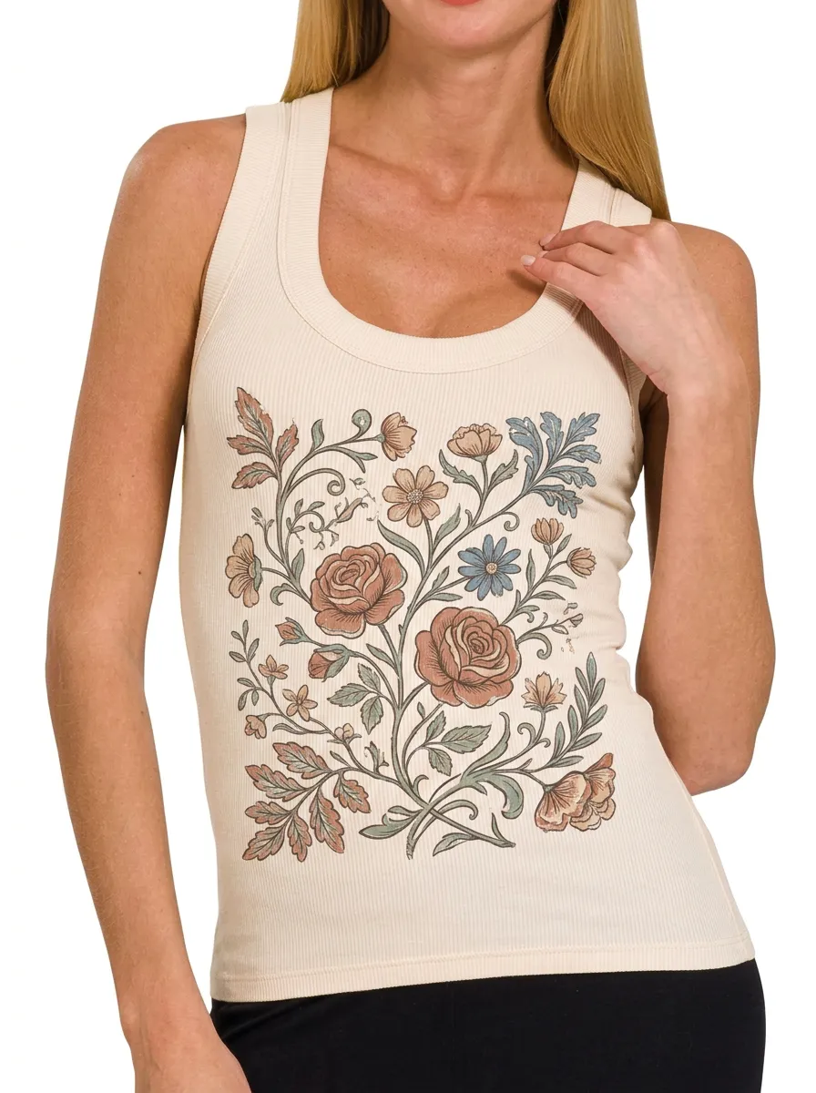 Women's Vintage Floral Botanical Printed Ribbed Tank Top