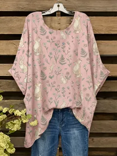 Rabbit Floral Woodland Women's Loose Printed T-Shirt