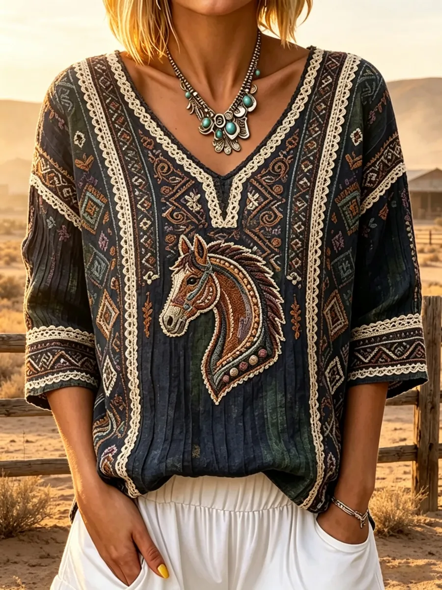 Vintage Horse Totem And Geometric Pattern Art V Neck Top