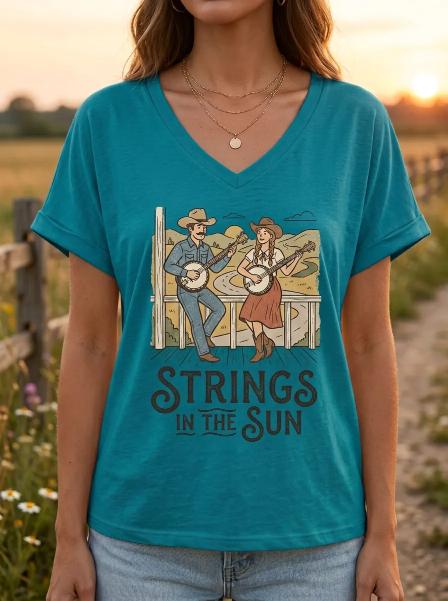 Western Banjo Women's Country Music V-Neck T-Shirt