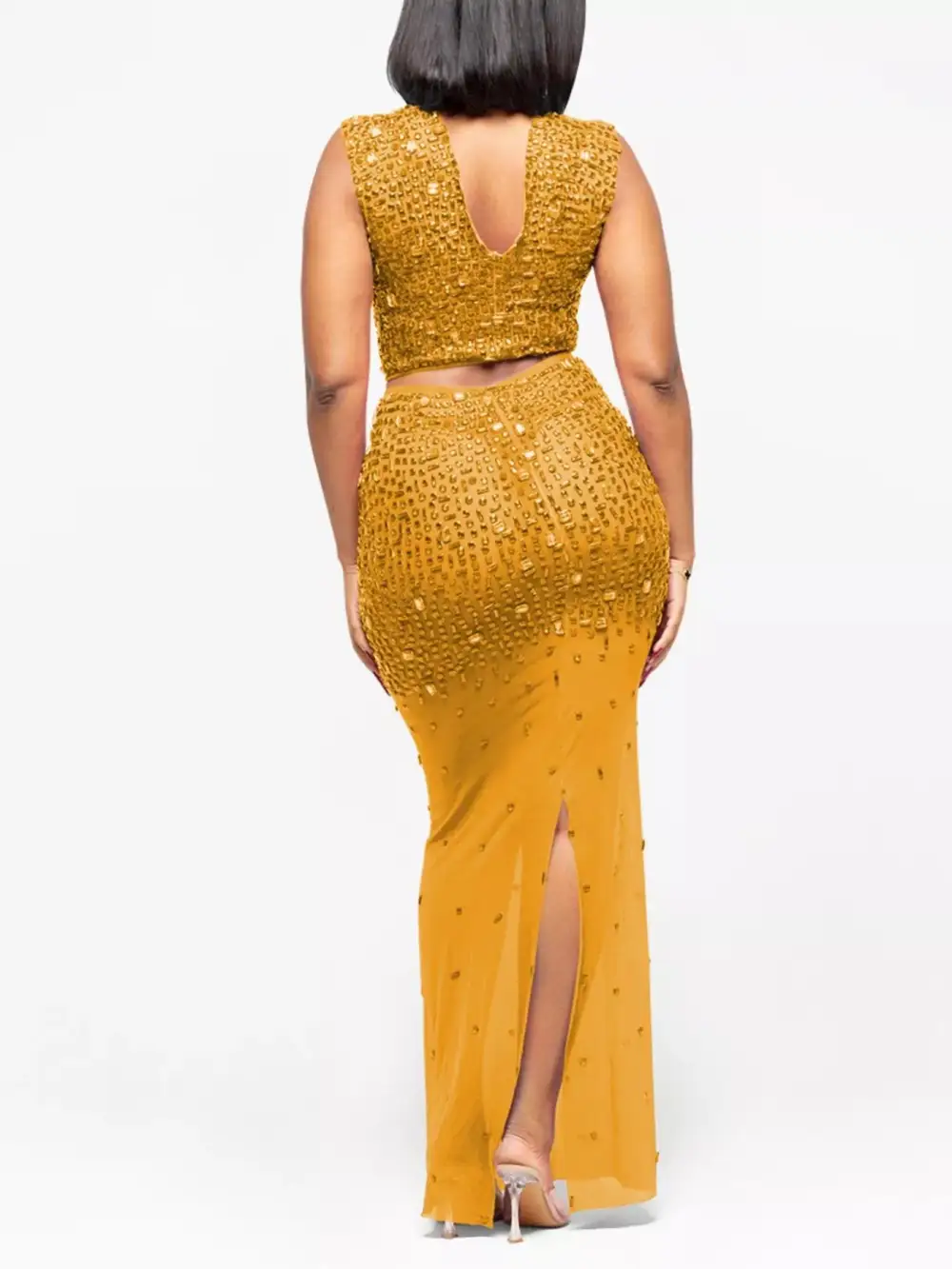 Sleek Rhinestone Sleeveless Top And Skirt Set