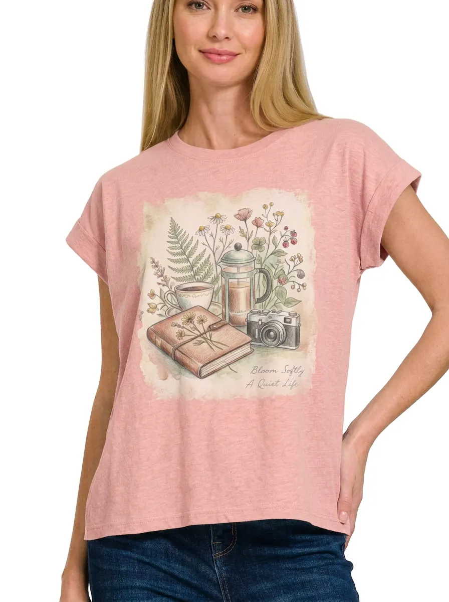 Women's Coffee Camera Journal Floral Printed T-shirt