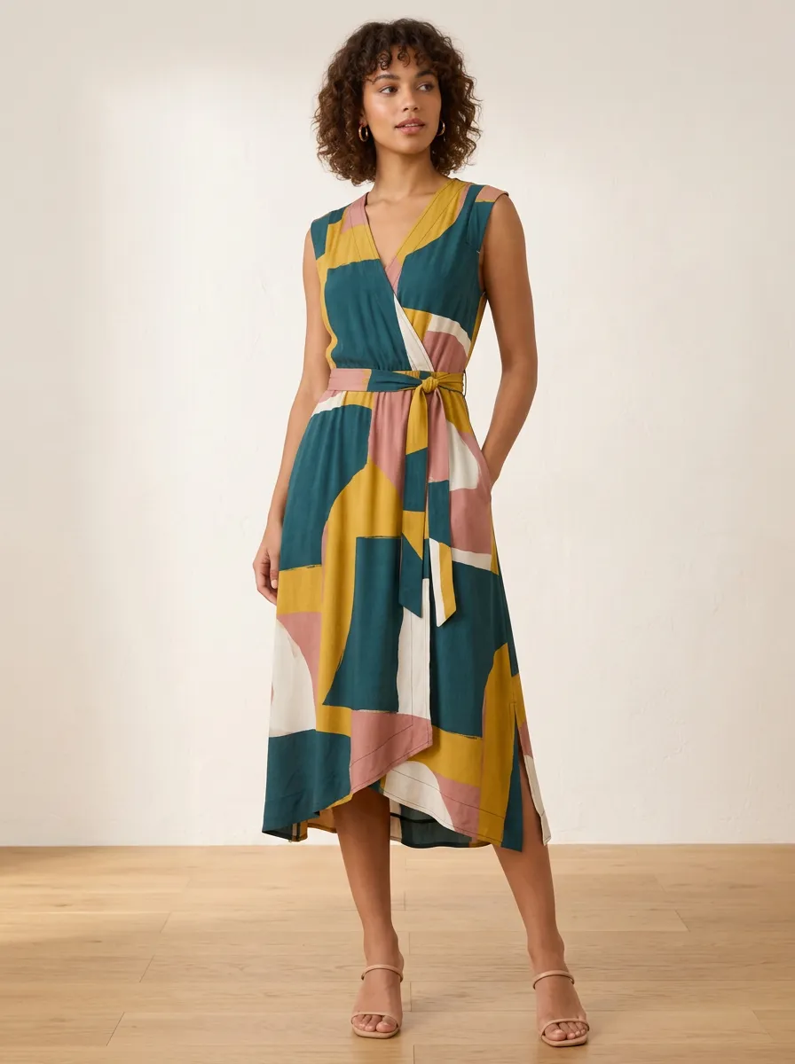 Women's Abstract Geometric Pattern Printed Wrap Dress