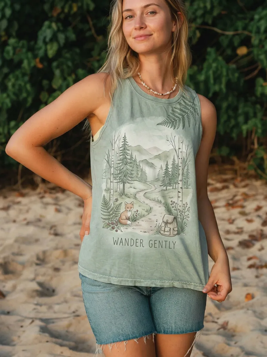 Women's Nature Lover Fox Forest Path Wander Gently Printed Tank Top