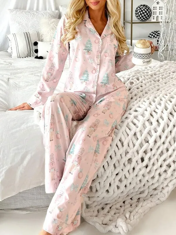 Pink Long Pants Cherry Print Pajama Set