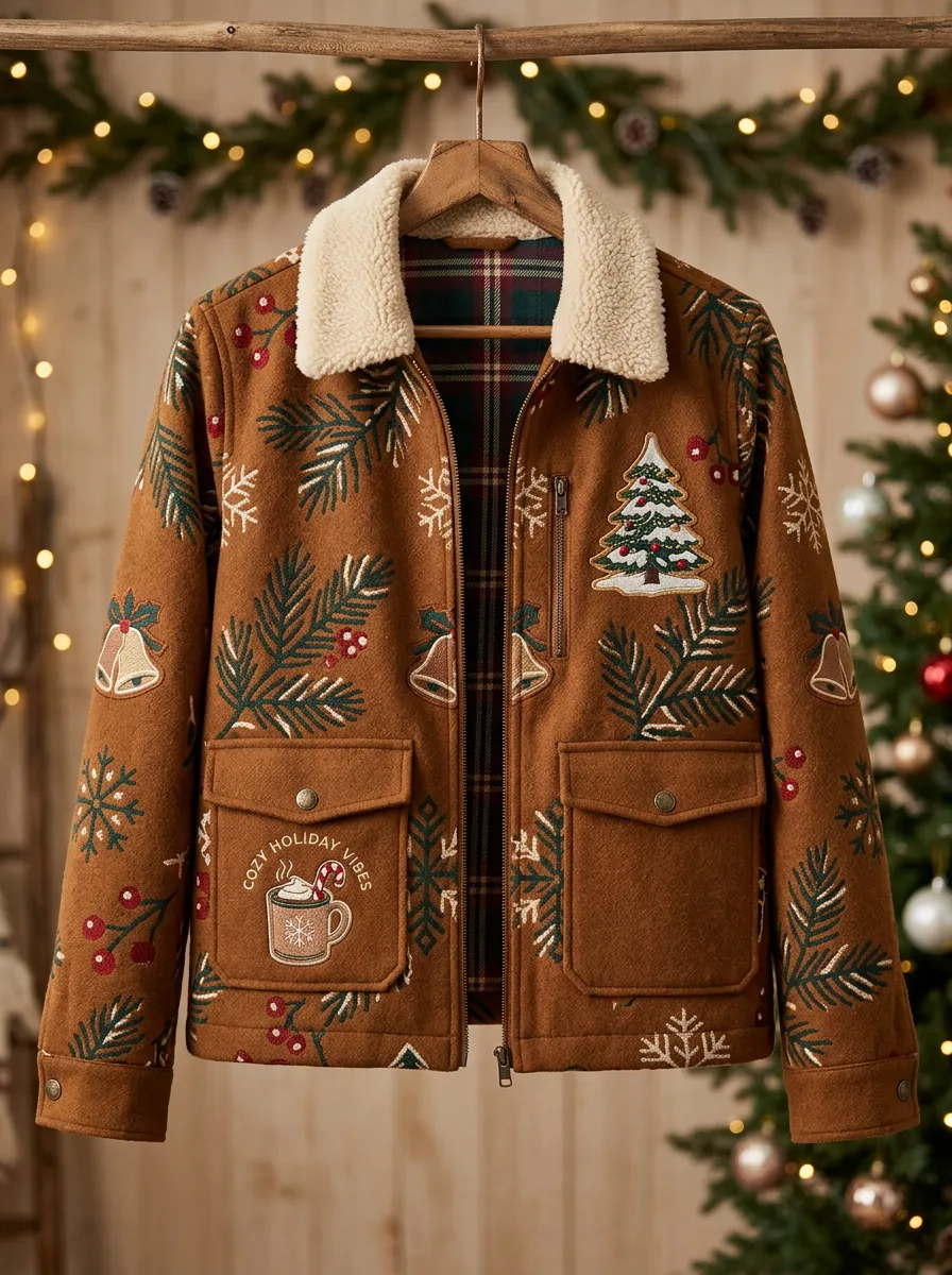 Unisex Christmas Holiday Tree Bell Print Sherpa Collar Jacket