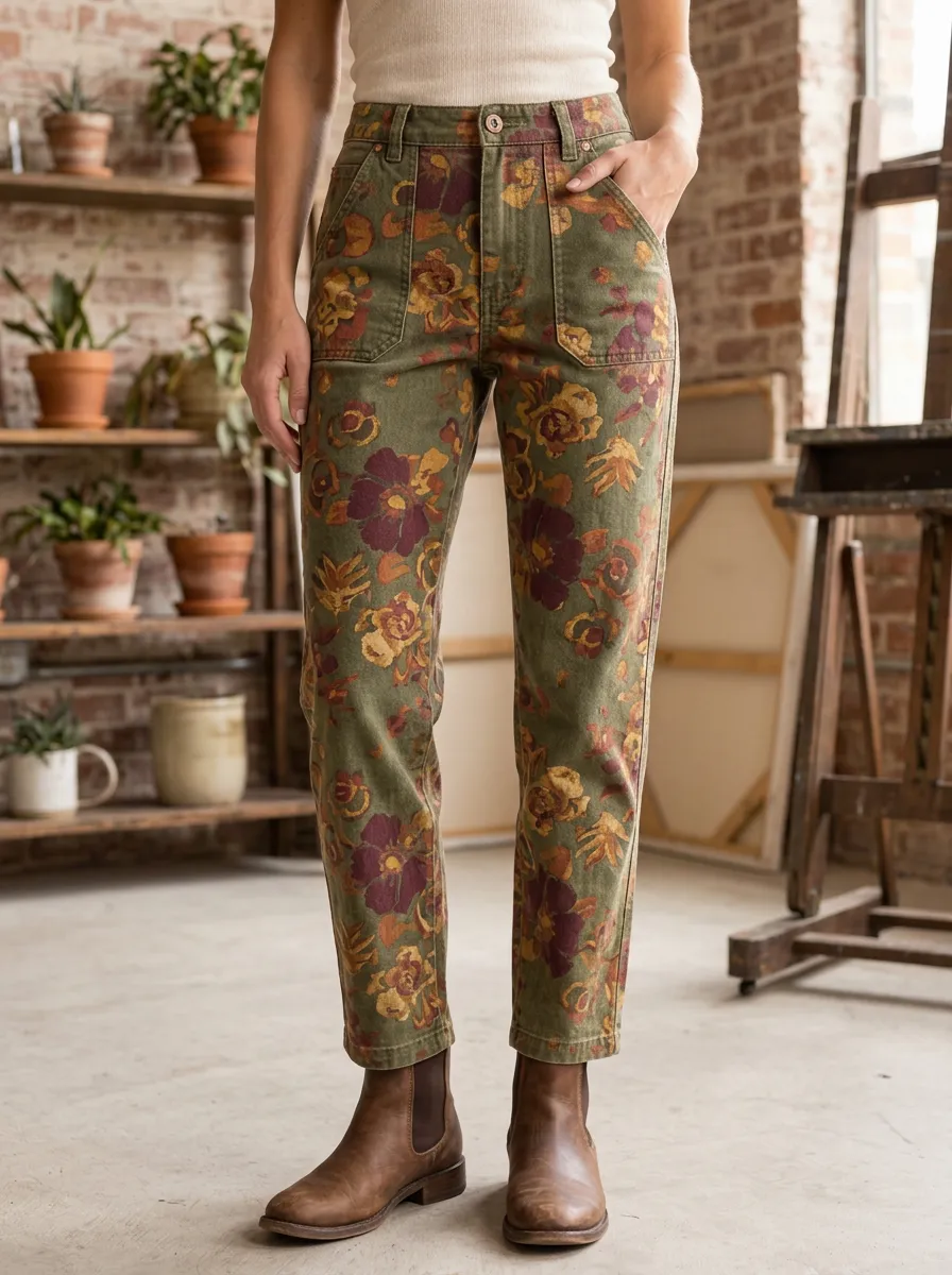 Women's Relaxed Vintage Floral Olive Green Printed Pants