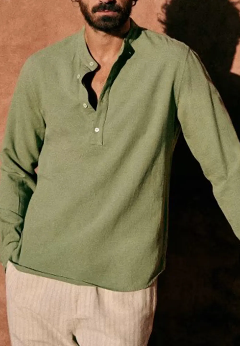Olive Green Mandarin Collar Henley Shirt