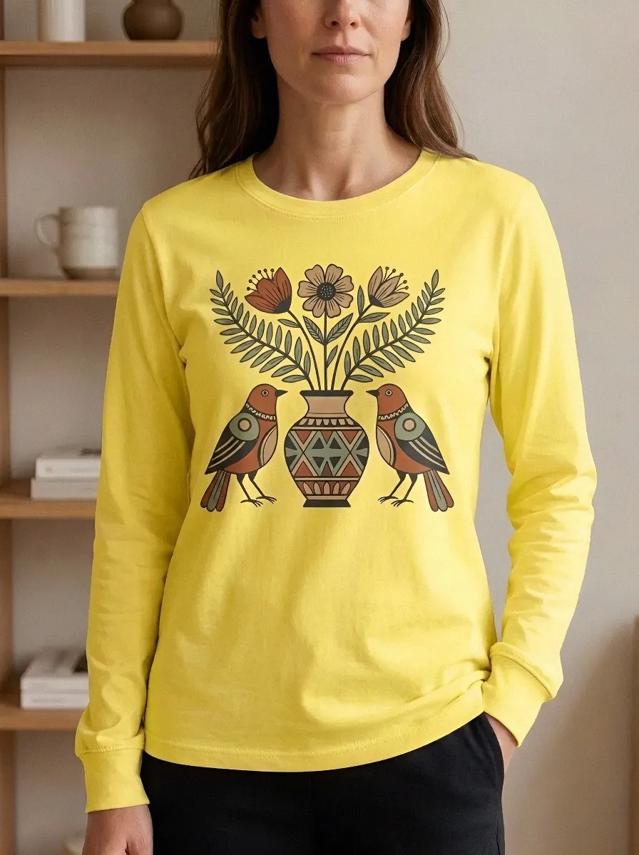 Women's Boho Nature Lover Bird and Floral Vase Printed Long Sleeve Top