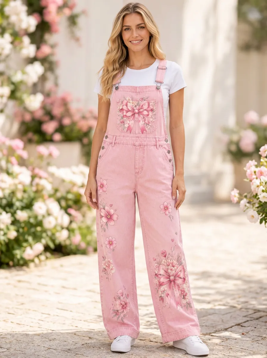 Women's Floral Ribbon Bow Romantic Printed Denim Overalls