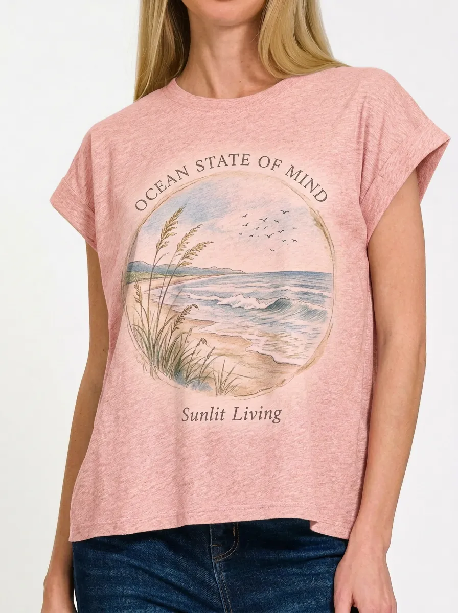 Women's Beach Lover Ocean State of Mind Printed T-shirt