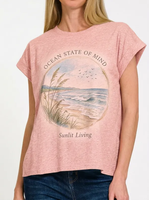 Women's Beach Lover Ocean State of Mind Printed T-shirt
