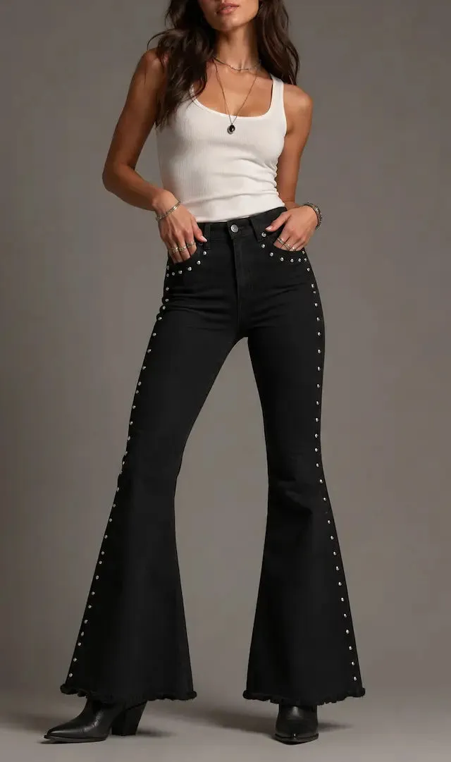 Studded Detail Flare High Rise Frayed Hem Denim Jeans