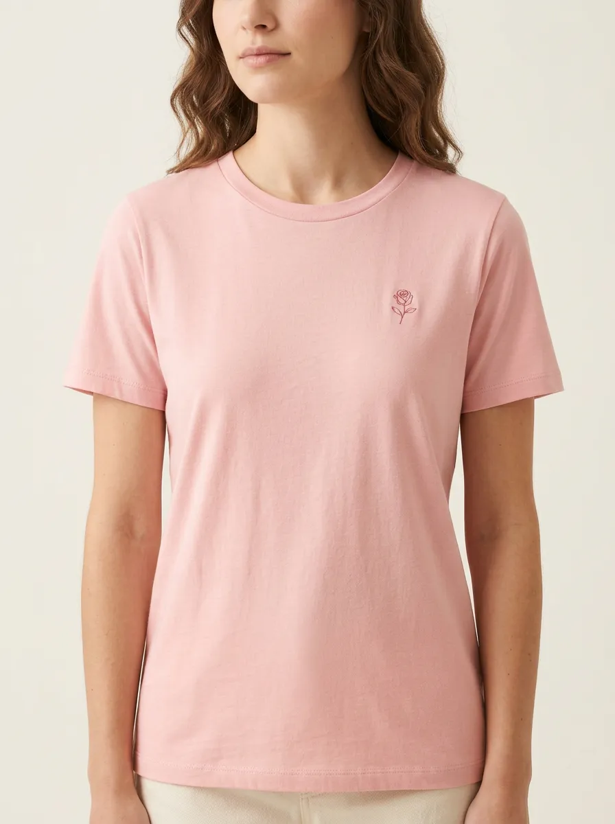Women's Minimalist Rose Floral Embroidered Pink T-shirt