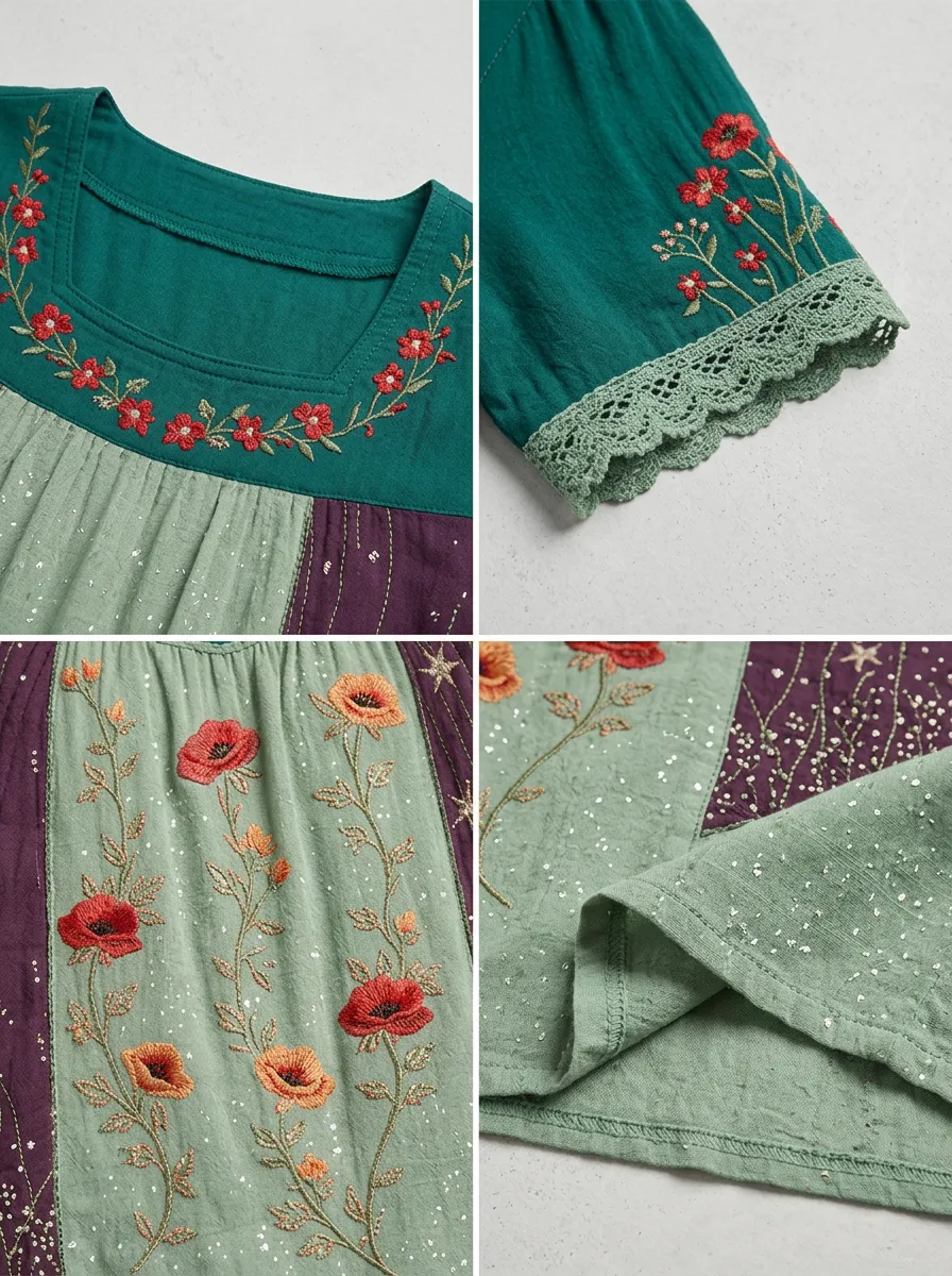 Women's Boho Floral Poppy Star Embroidered Printed Short Sleeve T-shirt