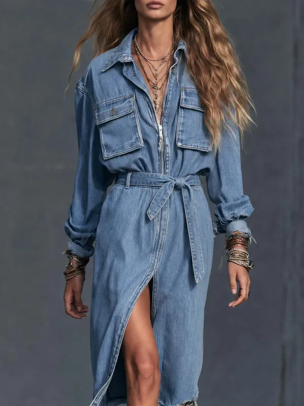 Belted Front Slit Cargo Pocket Denim Shirt Midi Dress