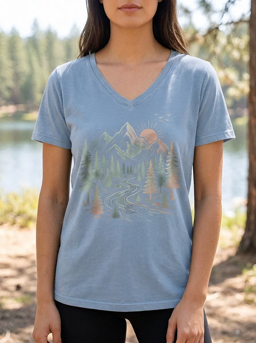 Women's Nature Lover Mountain River Forest Printed V-Neck T-Shirt