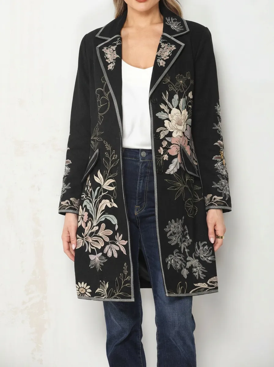 Women's Vintage Floral Botanical Embroidered Printed Blazer Coat