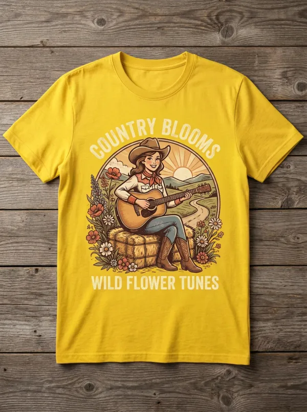 Guitar Cowgirl Floral Country Music Crewneck T-Shirt