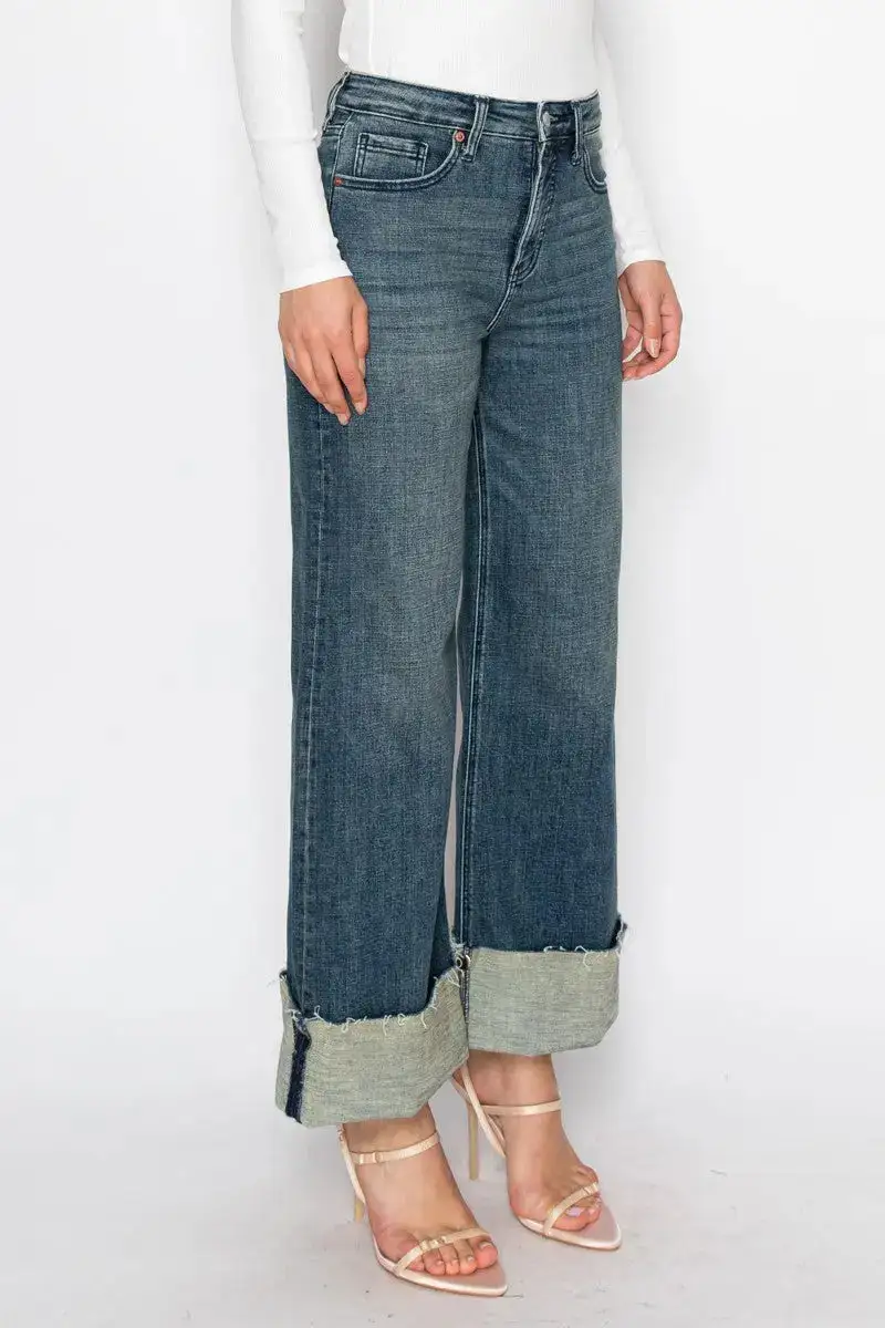 Tummy Control High Rise Wide Leg Cuffed Denim Jeans