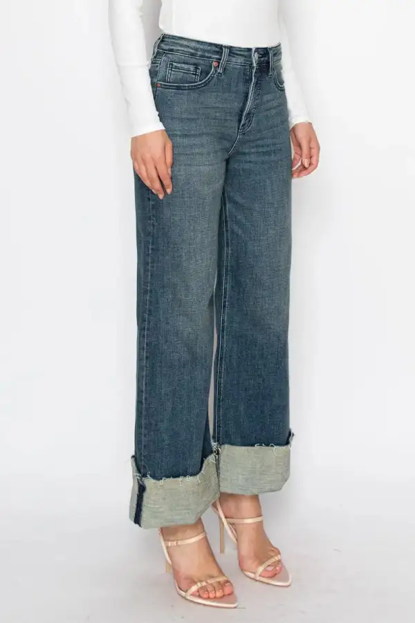 Tummy Control High Rise Wide Leg Cuffed Denim Jeans