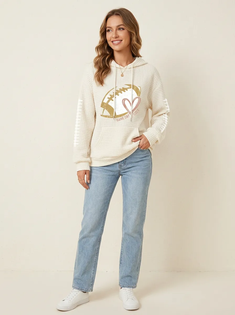 Women's Football Game Day Heart Printed Waffle Knit Hoodie