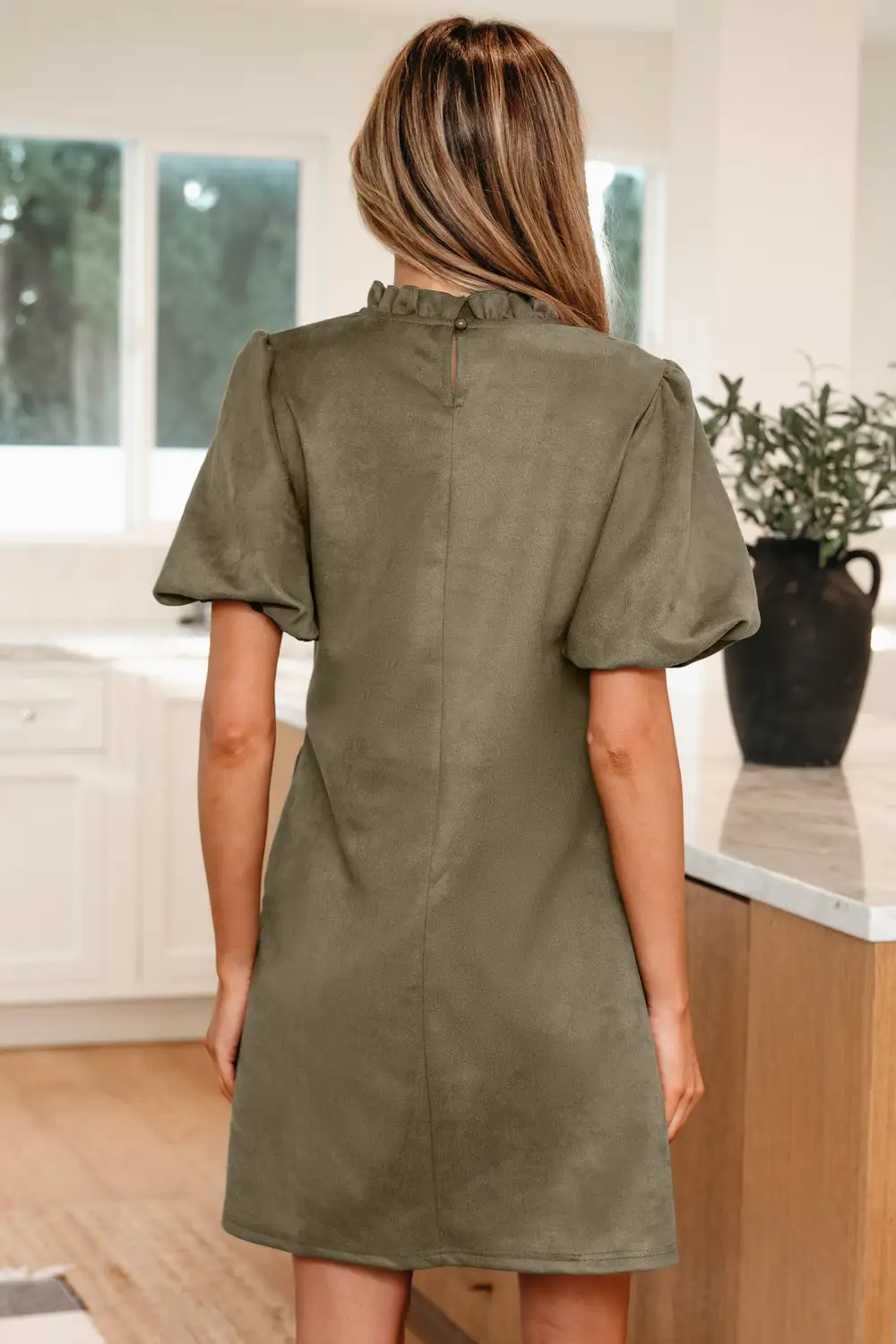 Polished Detail Round Neck Ruffle Puff Sleeve Mini Dress
