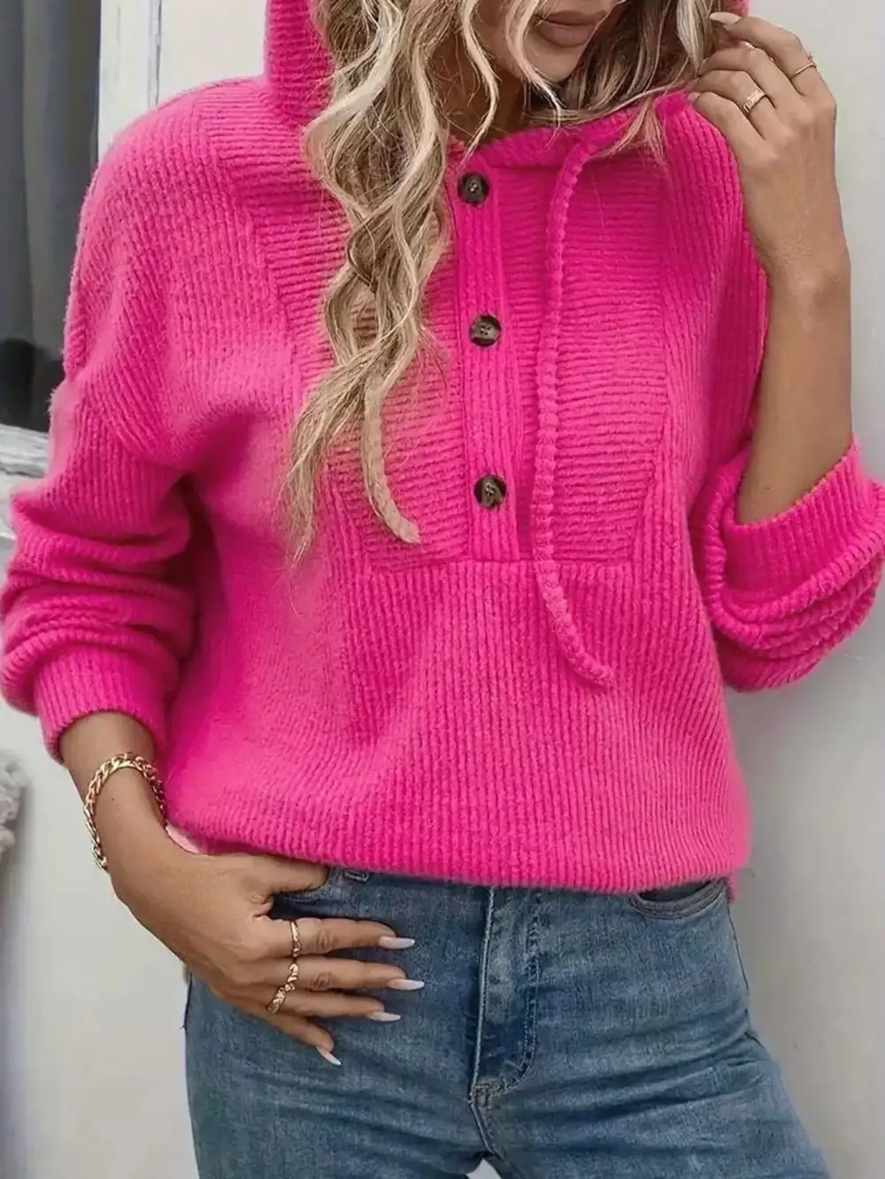 Drawstring Buttoned Pocketed Hoodie