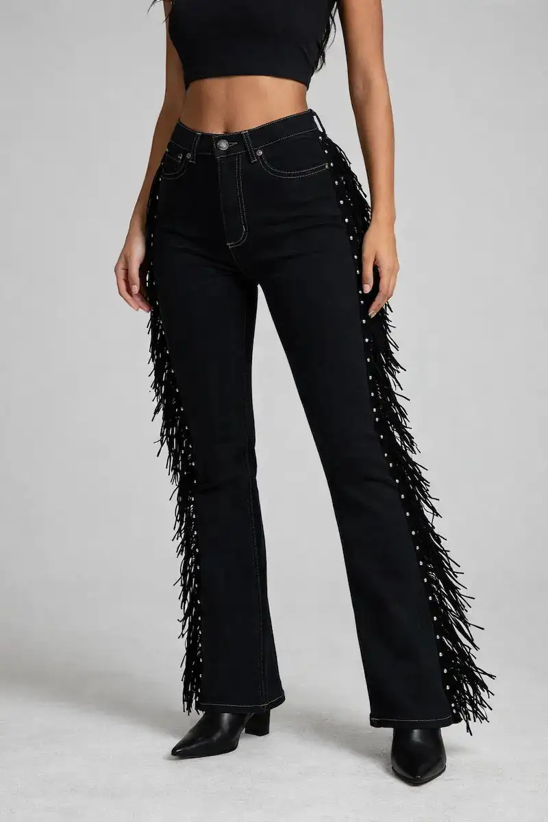 Mid Rise Fringe Detail Bootcut Vintage Style Cropped Denim Jeans