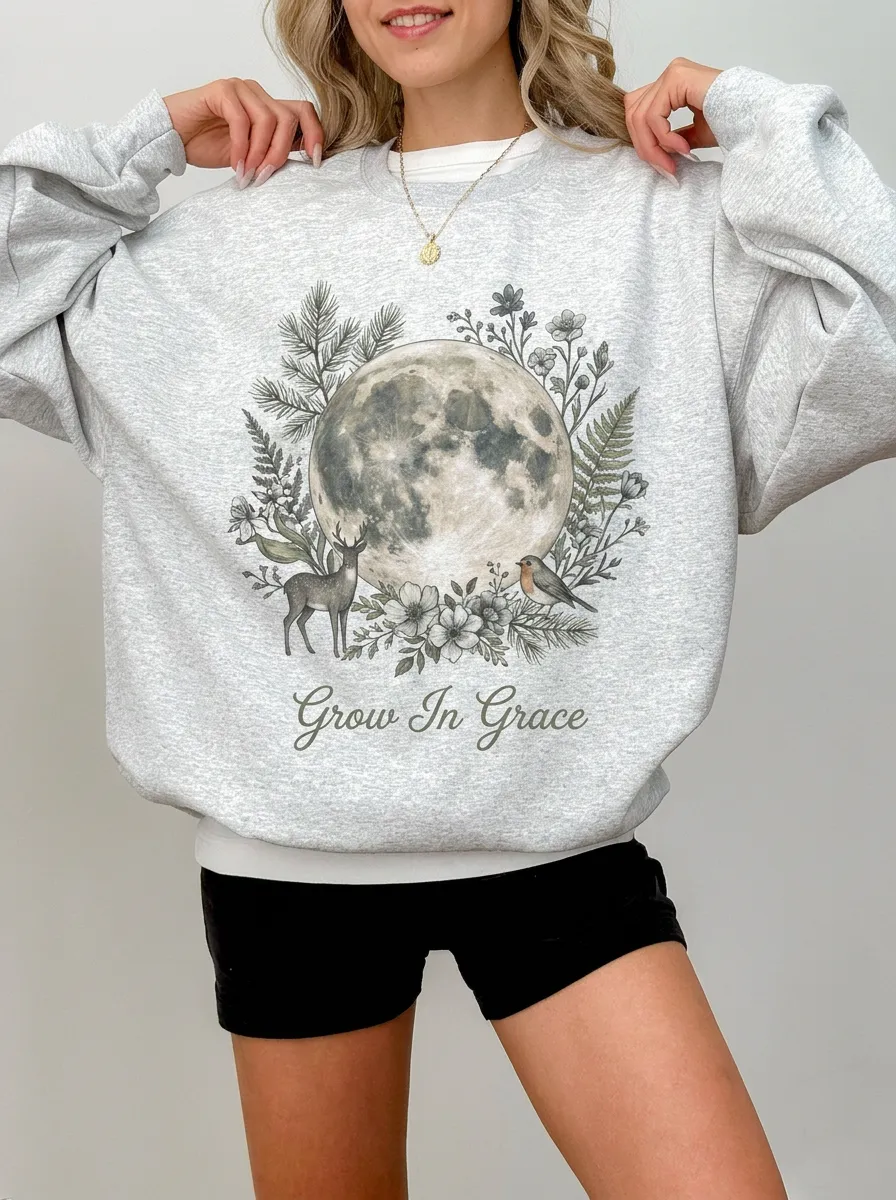 Women's Nature Lover Moon Deer Floral Printed Sweatshirt