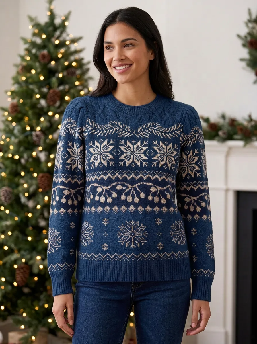 Christmas Holiday Snowflake Fair Isle Pattern Print Sweater