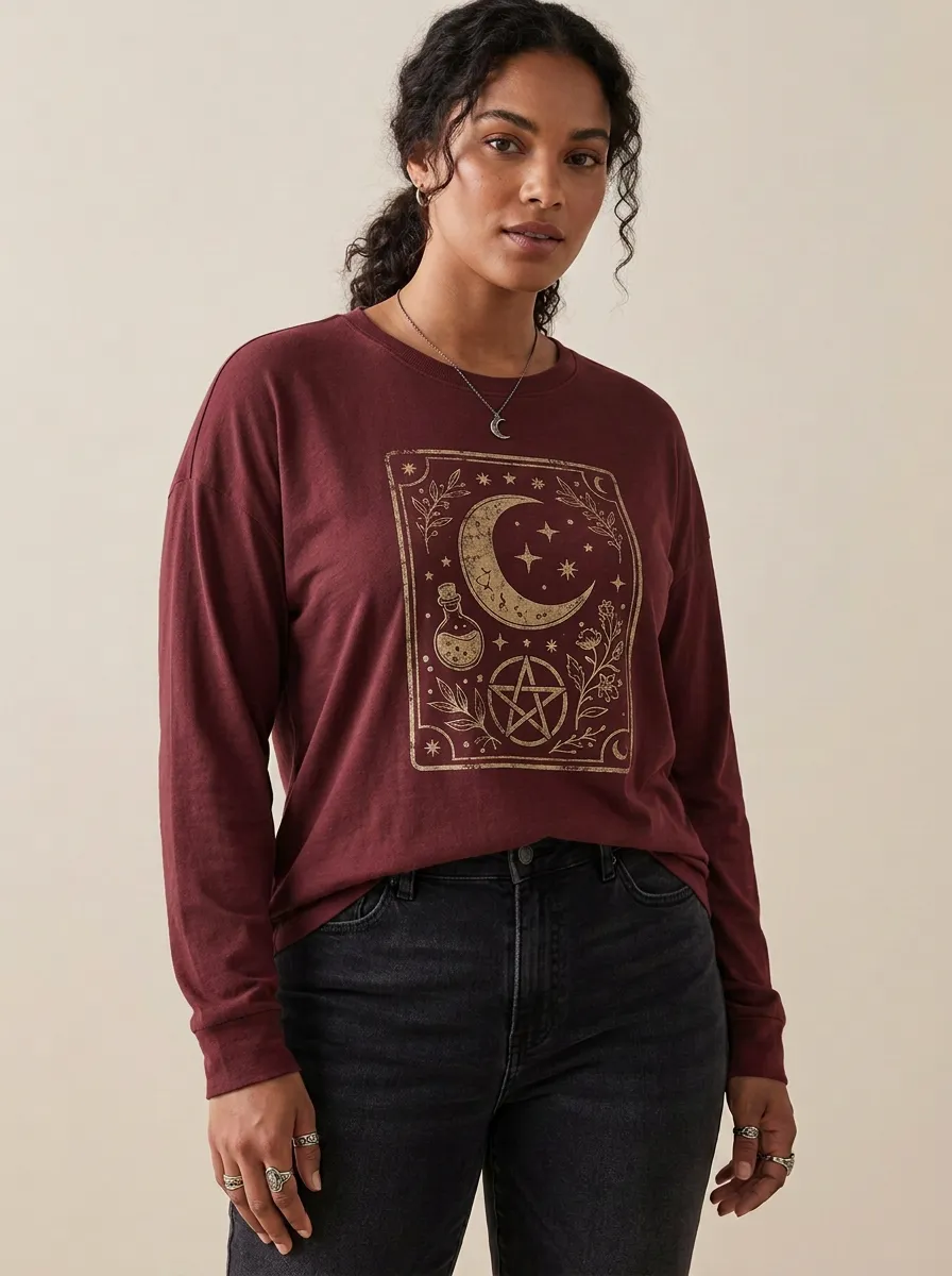 Women's Halloween Celestial Moon Pentagram Potion Printed Long Sleeve Top