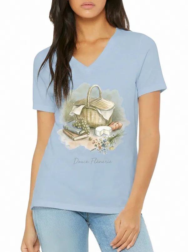Women's Picnic Aesthetic Basket Grapes Cheese Printed V-neck T-shirt