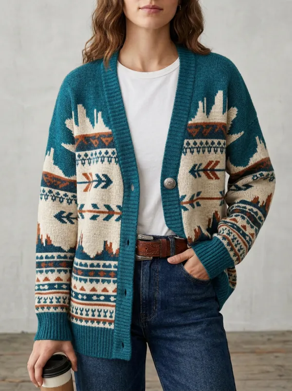 Women's Western Brown Patterned Jacquard Knit Cardigan