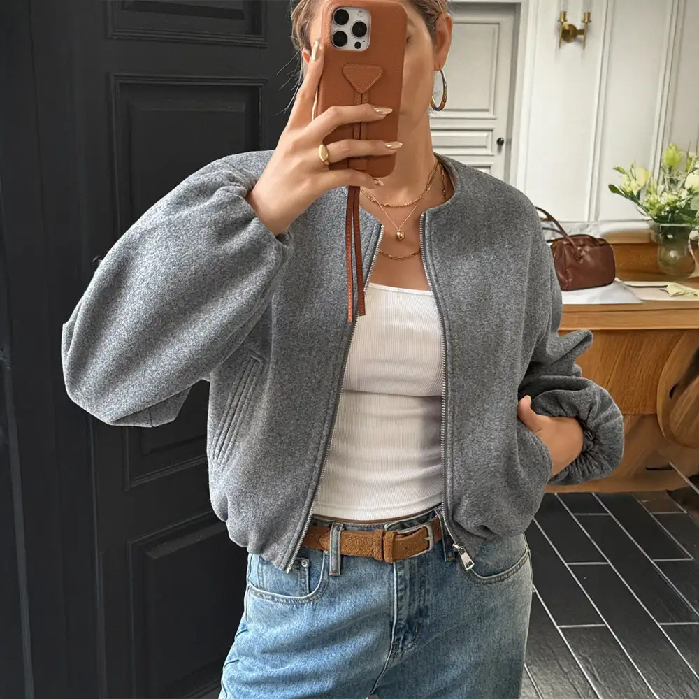Textured Zip Front Elastic Hem Bomber Jacket