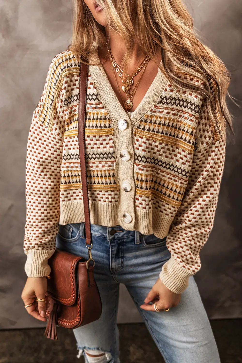 Button Front V Neck Cropped Cardigan