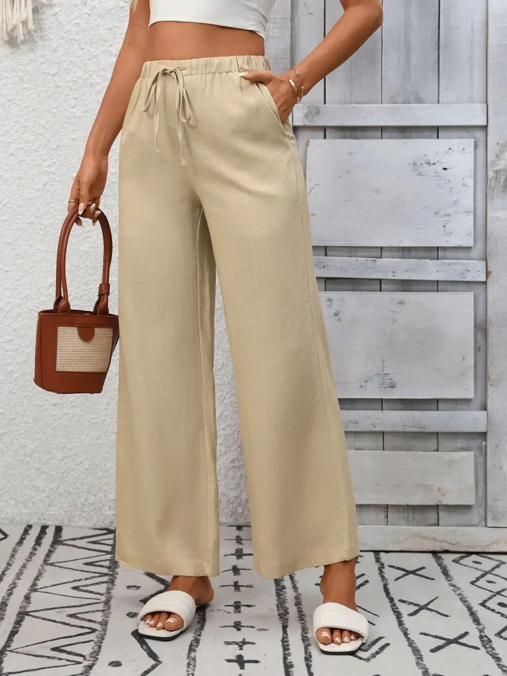 Drawstring High Waist Wide Leg Pants