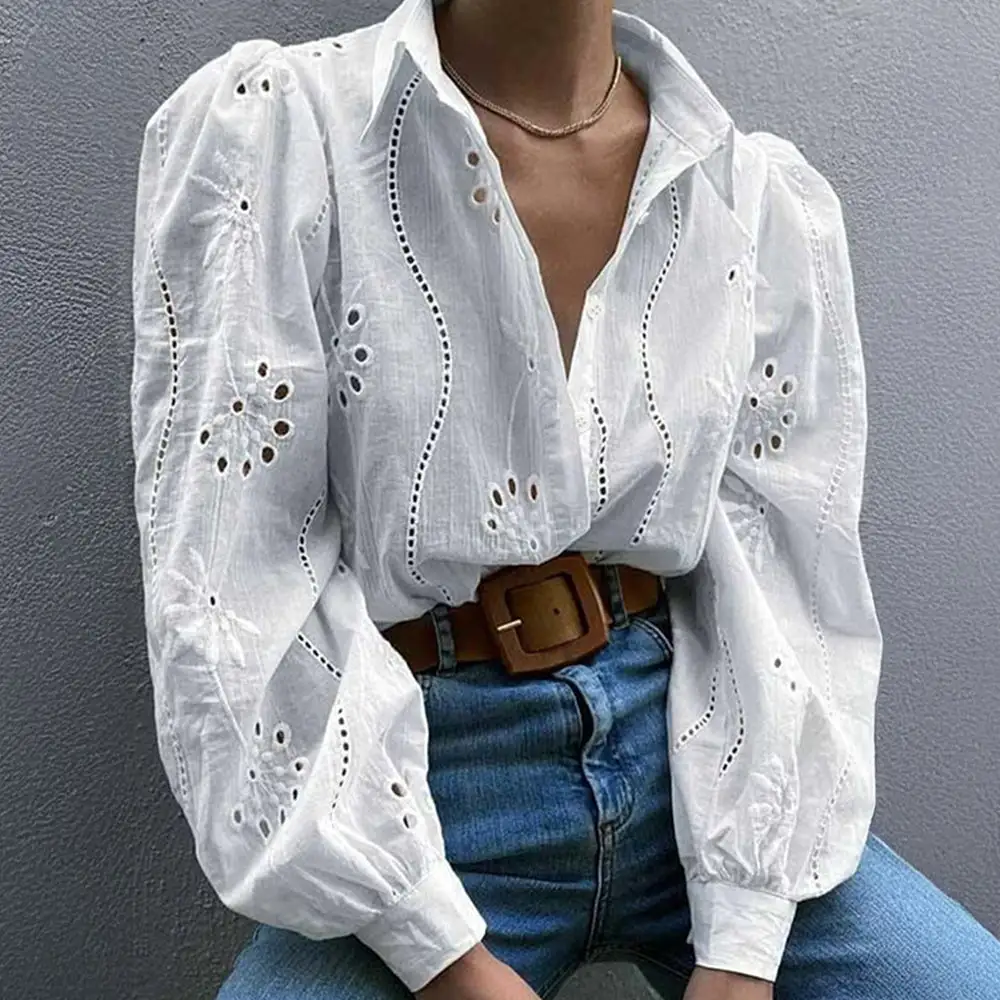 Fashionable Openwork Puff Sleeve Cardigan Shirt