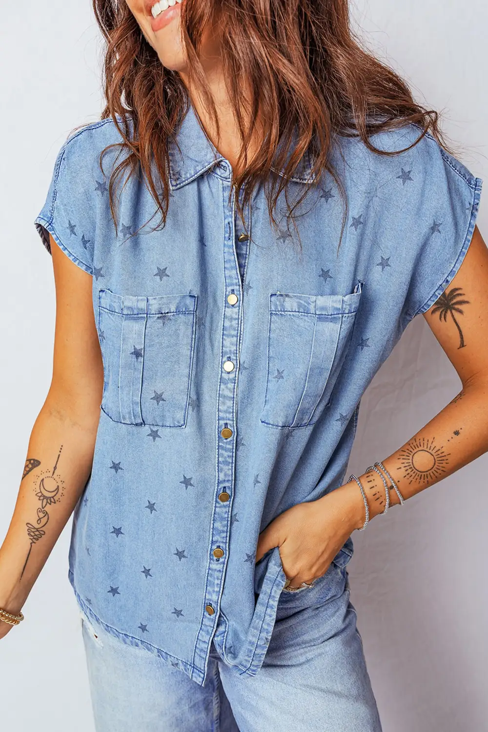 Short Sleeve Western Inspired Pocket Detail Shirt Blouse