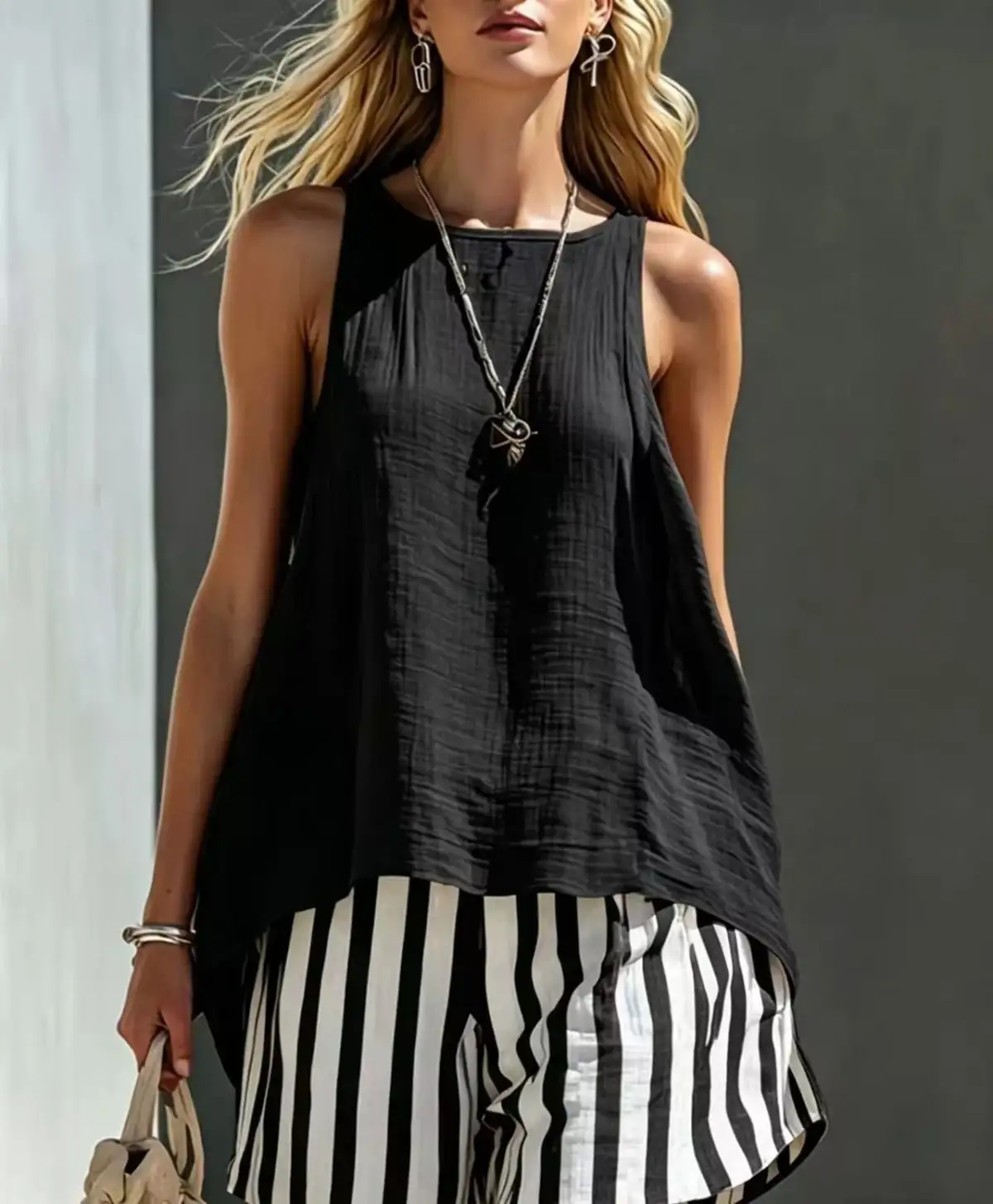 Round-Neck Striped Shorts Matching Set