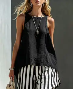 Round-Neck Striped Shorts Matching Set