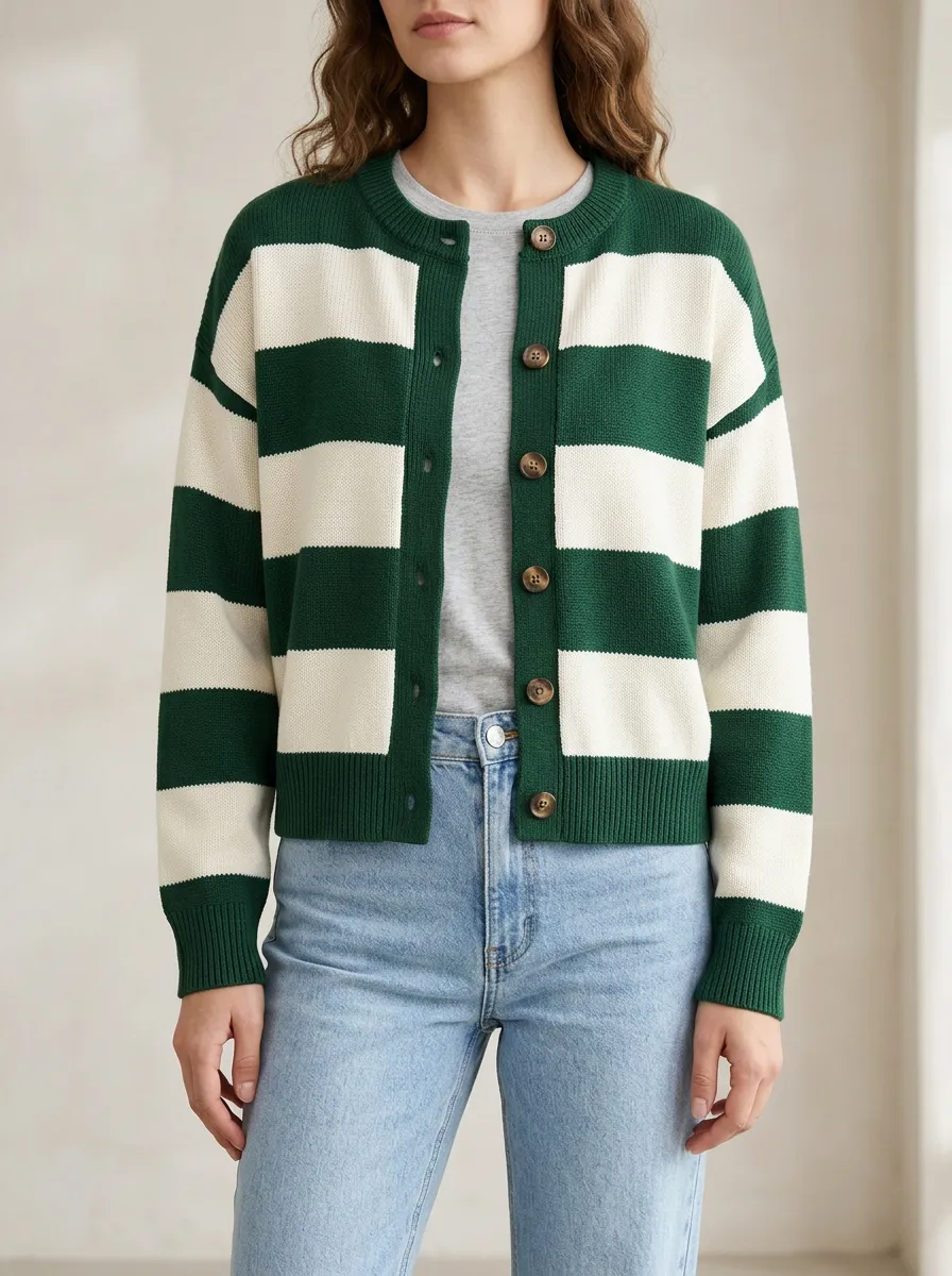 Rugby Striped Button Front Knit Cardigan