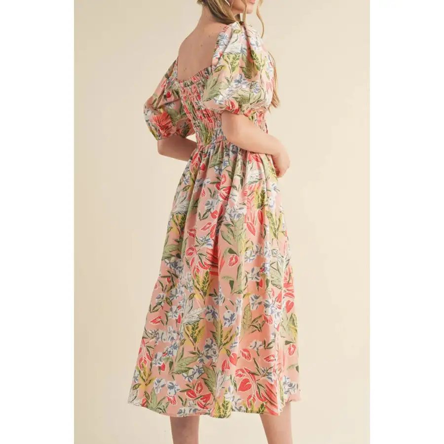 Smocked Square Neck Puff Short Sleeve Midi Dress