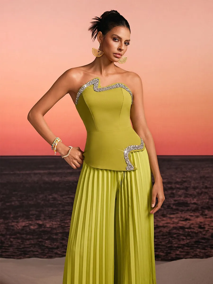 Persephone Strapless Crystal Pleated Pants Set In Green