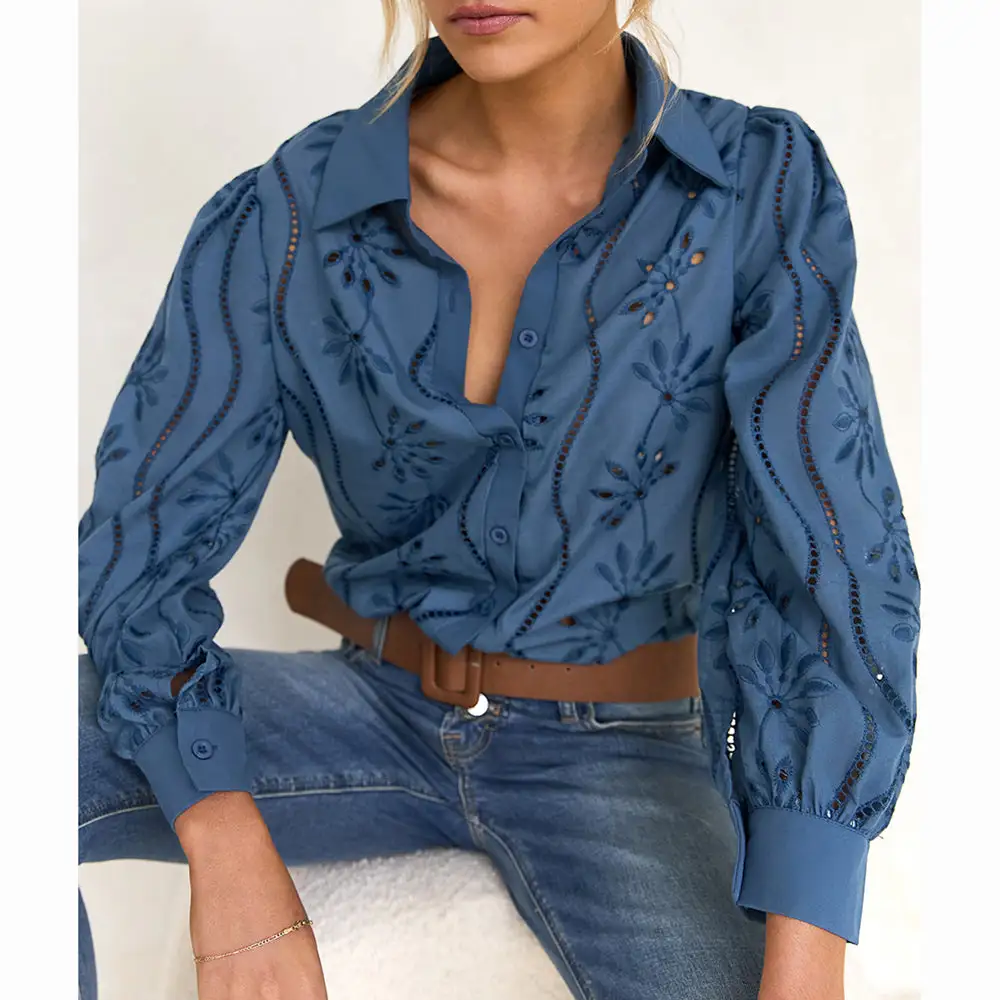 Fashionable Openwork Puff Sleeve Cardigan Shirt