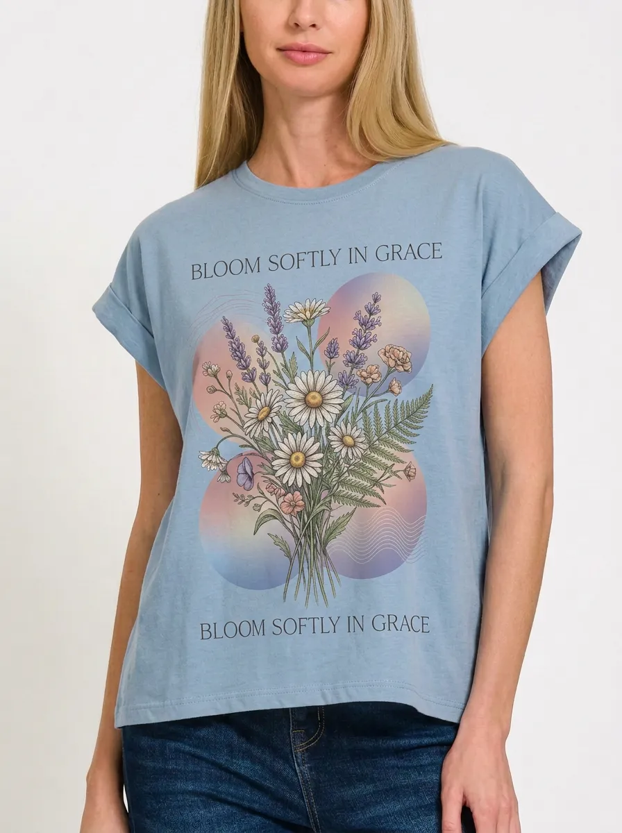 Women's Floral Quote Bloom Softly In Grace Printed T-shirt