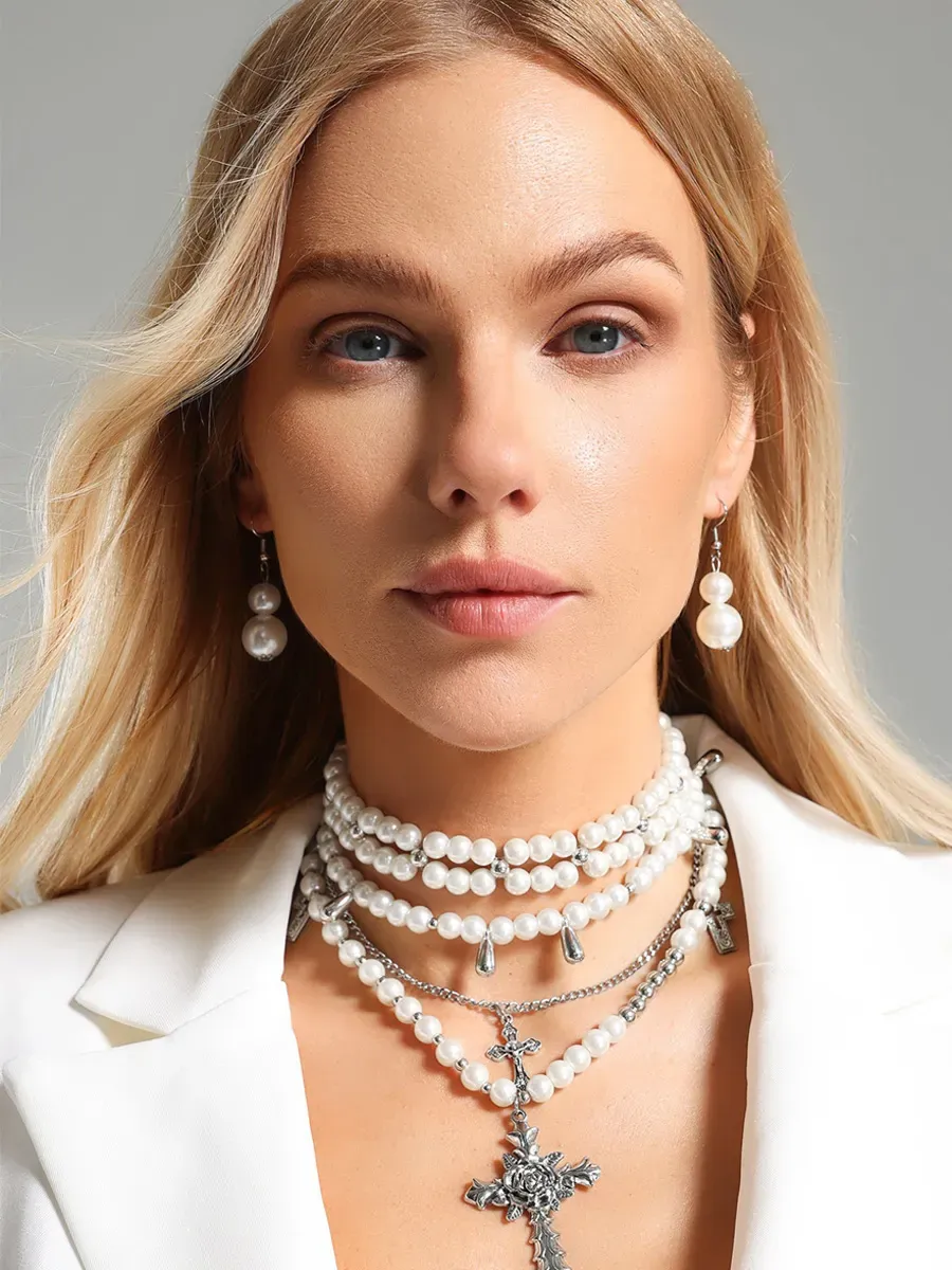 Eloise Triple Pearls Cross Necklace